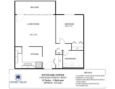 Floor plan for 1 bed, 1 bath, 520 sqft